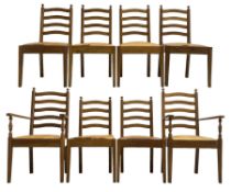 Late 20th century set of eight (6+2) oak ladder-back dining chairs