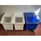 Two white and one blue plastic food ingredient storage bins (3) - THIS LOT IS TO BE COLLECTED BY APP