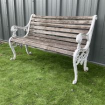 Cast aluminium and wood slatted garden bench painted in white - THIS LOT IS TO BE COLLECTED BY APPO