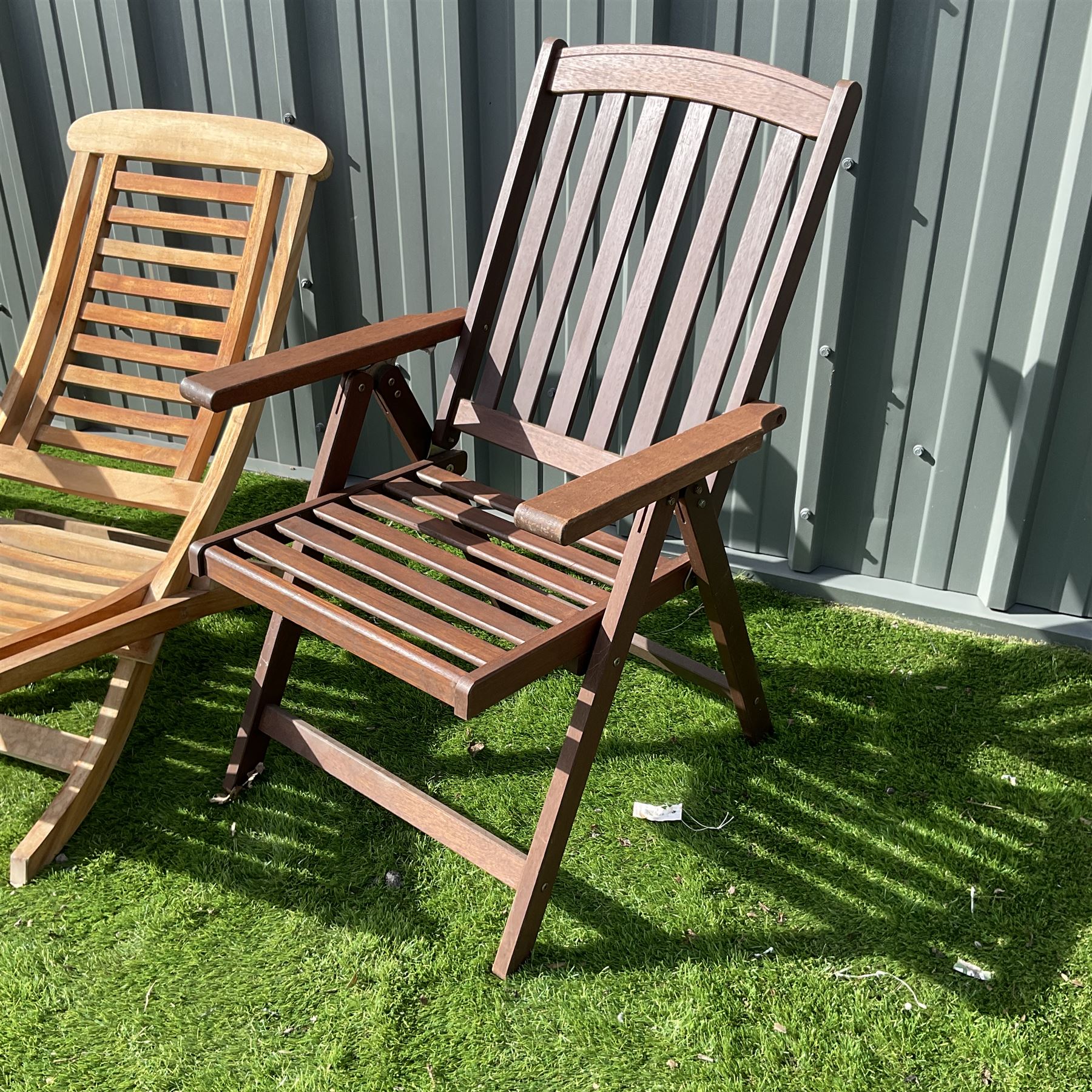 Two teak folding garden armchairs and folding lounger - Image 2 of 4