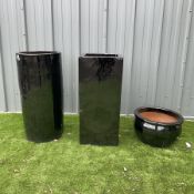 Large rectangular and circular terracotta glazed in black planters - THIS LOT IS TO BE COLLECTED BY