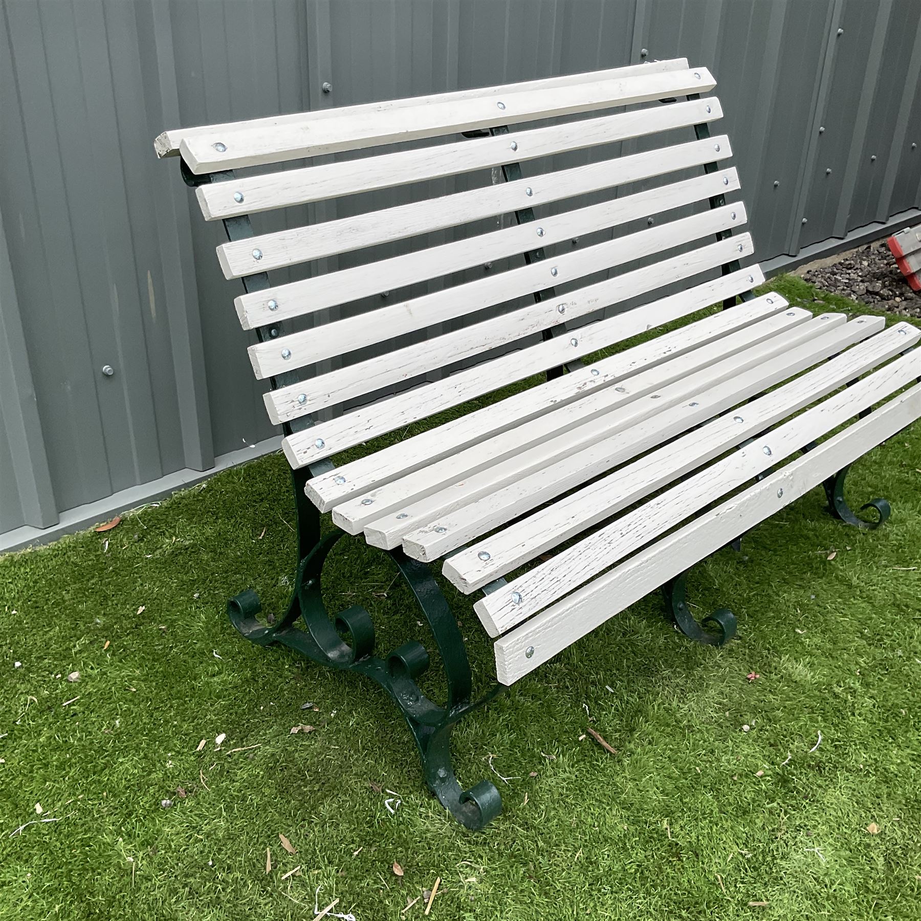 Wrought iron and wood slated bench painted in dar green and white - Image 3 of 4