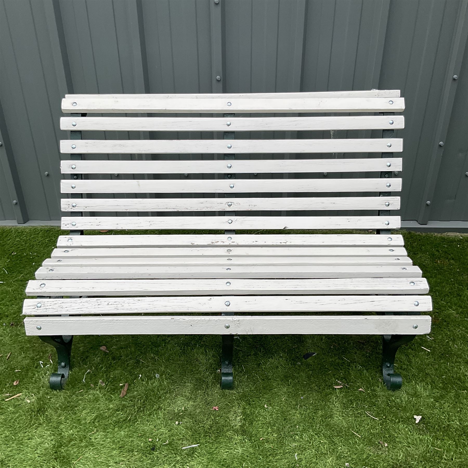 Wrought iron and wood slated bench painted in dar green and white - Image 2 of 4