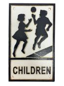 Cast iron 'Children' sign with black writing on a white ground