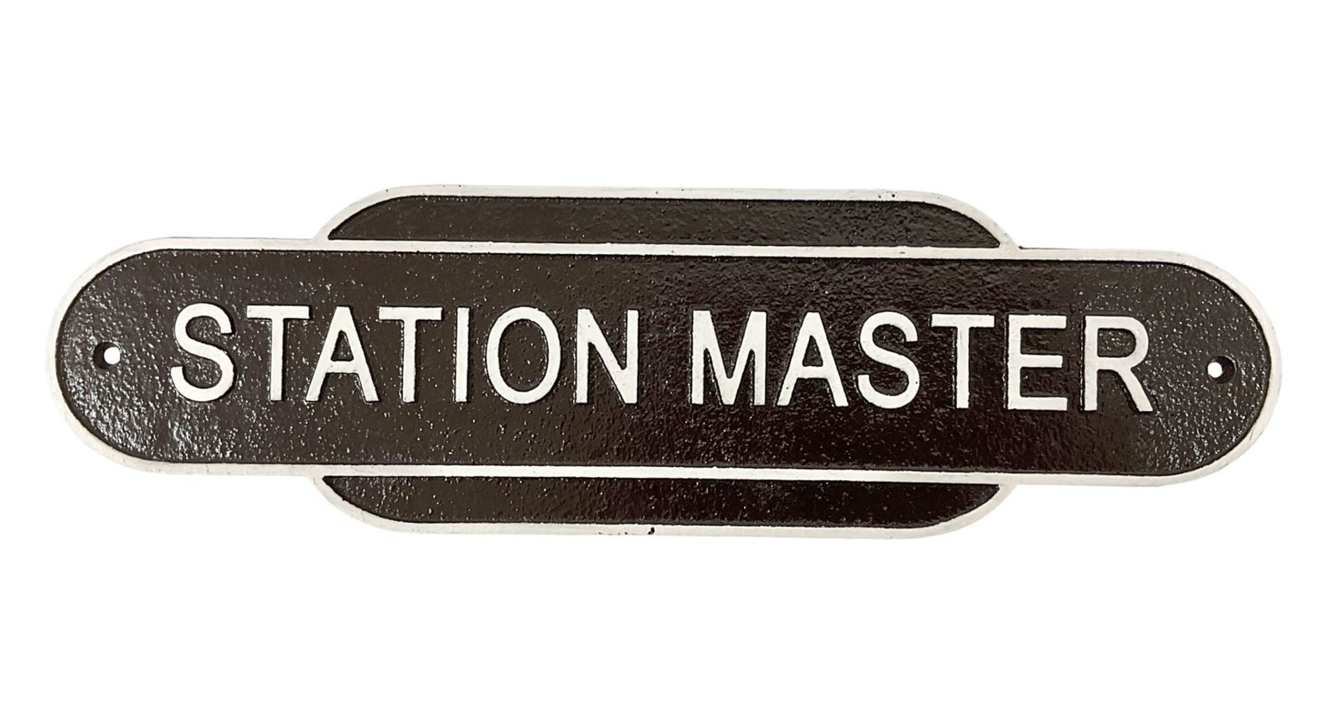 Cast iron Station Master wall plaque on a brown ground