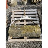 19th century stone garden roller with metal frame and handle