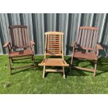 Two teak folding garden armchairs and folding lounger