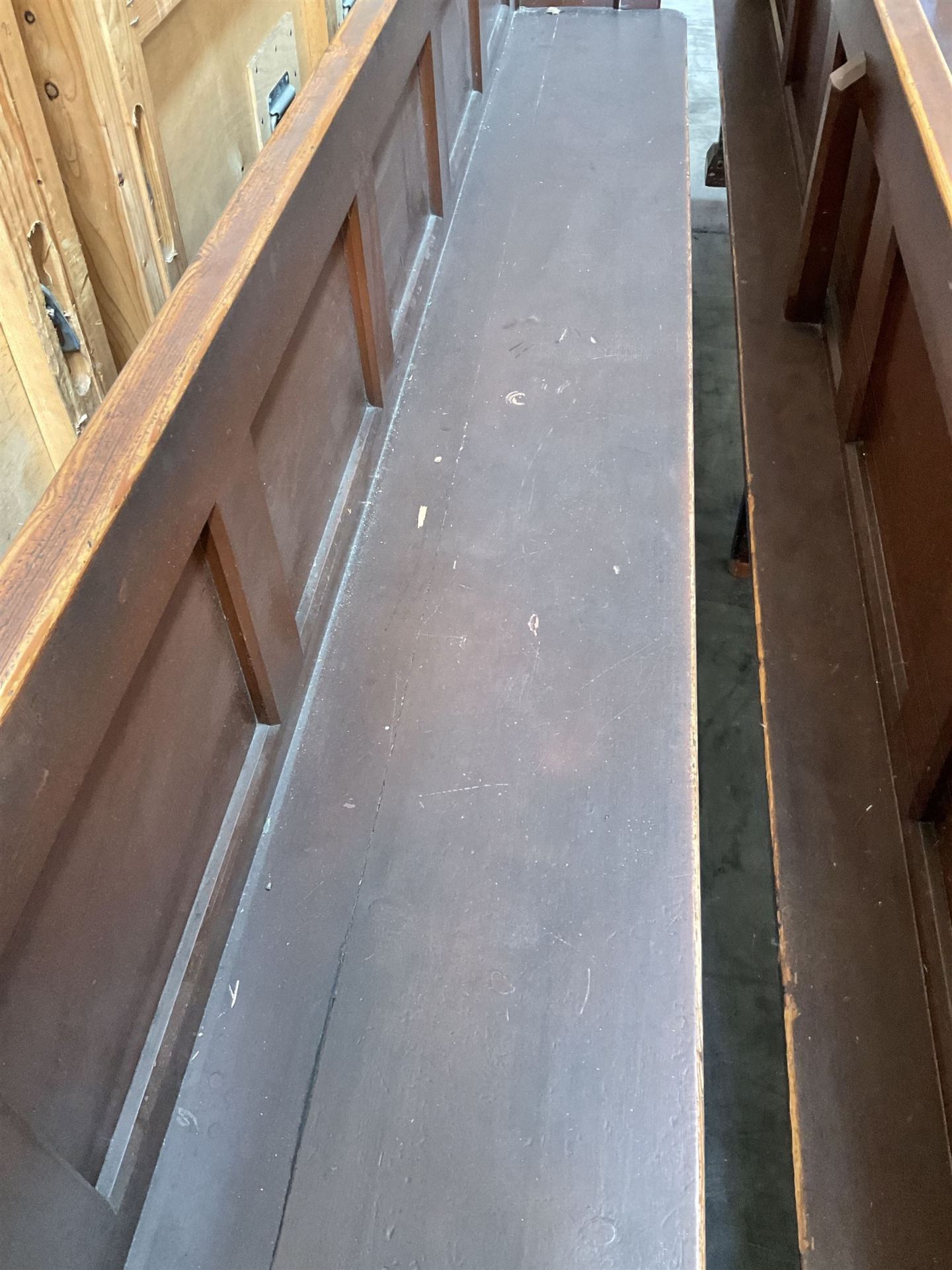 Pair of brown painted wooden church pews - THIS LOT IS TO BE COLLECTED BY APPOINTMENT FROM DUGGLEBY - Image 3 of 5
