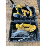 Three DeWalt battery drills and circular saw - THIS LOT IS TO BE COLLECTED BY APPOINTMENT FROM DUGGL