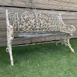 Victorian heavy ornate cast iron and wood slatted garden bench painted in white