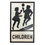 Cast iron 'Children' sign with black writing on a white ground