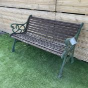 Cast iron and wood slated garden bench painted in green and brown - THIS LOT IS TO BE COLLECTED BY