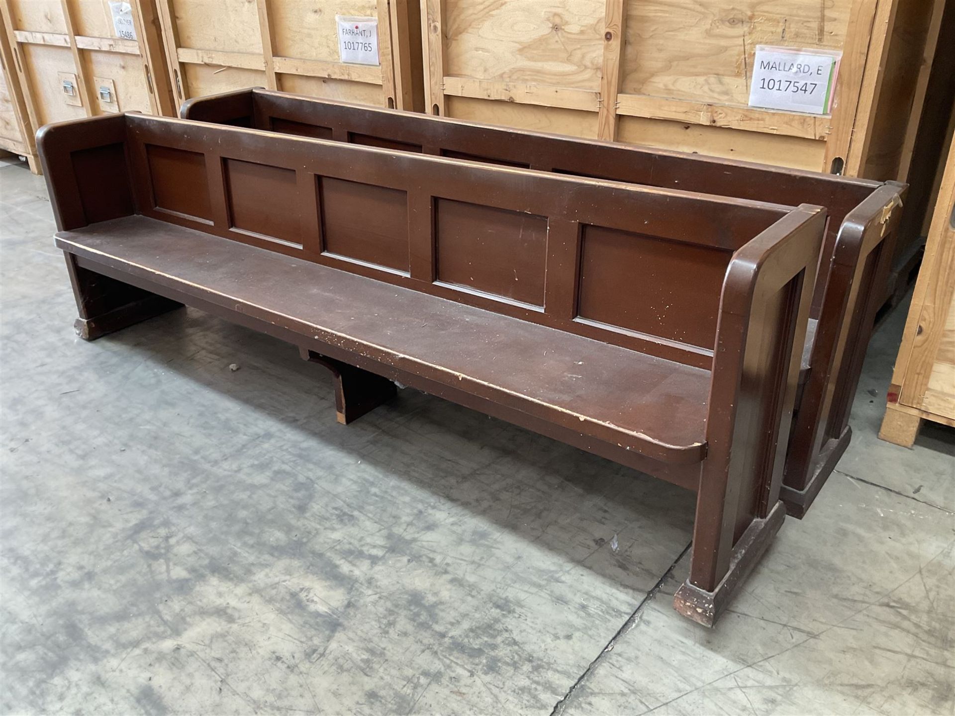 Pair of brown painted wooden church pews - THIS LOT IS TO BE COLLECTED BY APPOINTMENT FROM DUGGLEBY