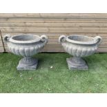 Pair of squat cast stone garden urns