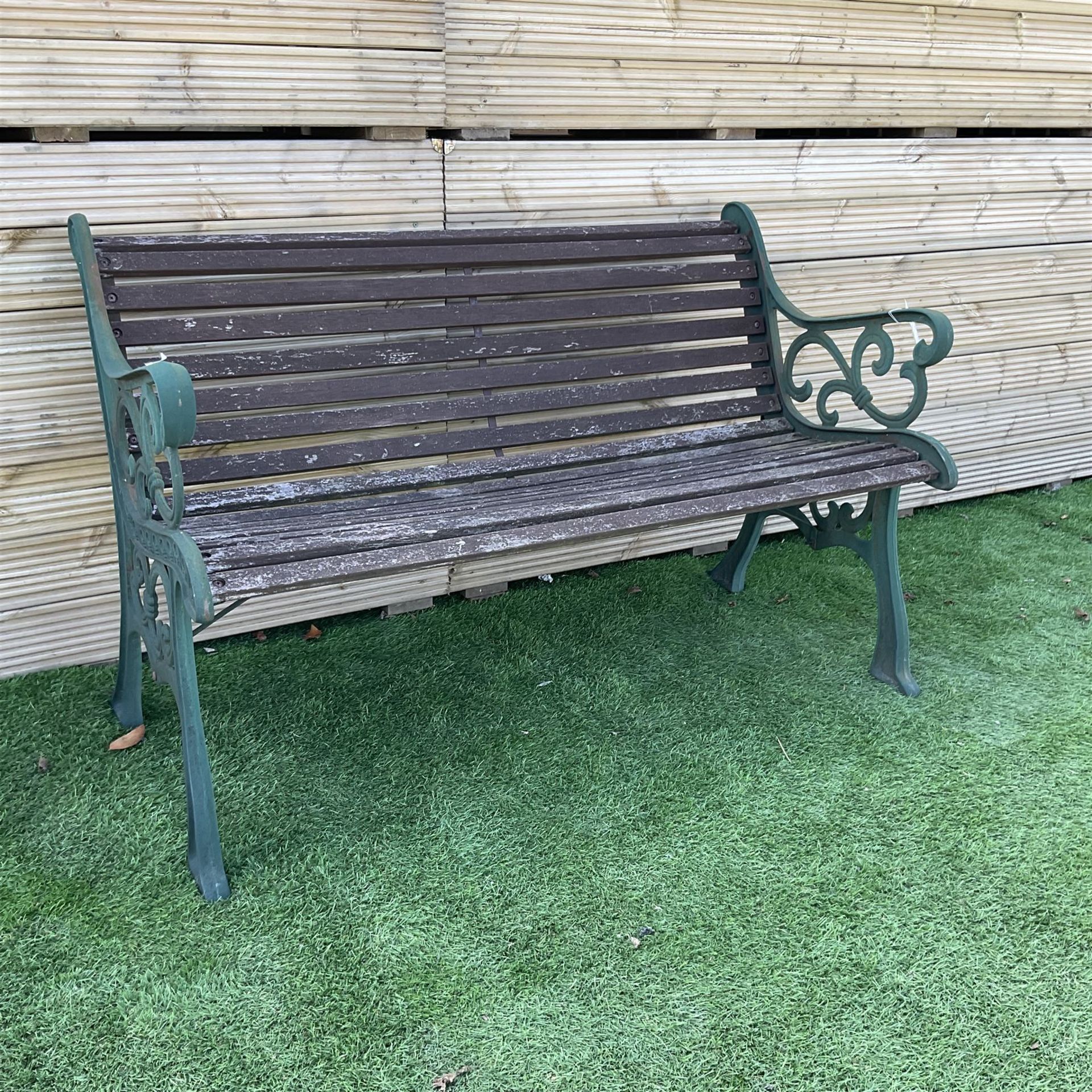 Cast iron and wood slated garden bench painted in green and brown - THIS LOT IS TO BE COLLECTED BY - Image 2 of 3