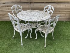 Victorian style cast aluminium white painted garden table and four chairs - THIS LOT IS TO BE COLLEC