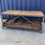 Large industrial style steel and wood plank display work table with lower storage trays - THIS LOT I