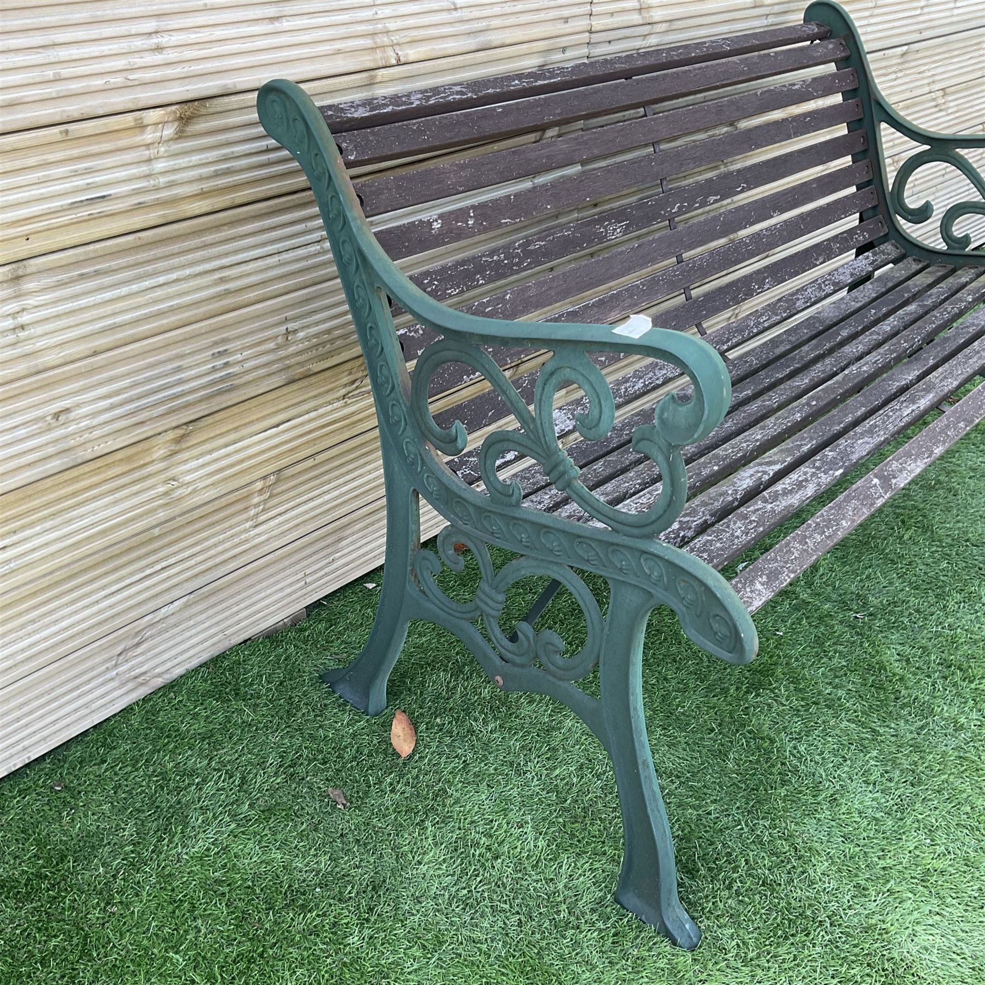 Cast iron and wood slated garden bench painted in green and brown - THIS LOT IS TO BE COLLECTED BY - Image 3 of 3