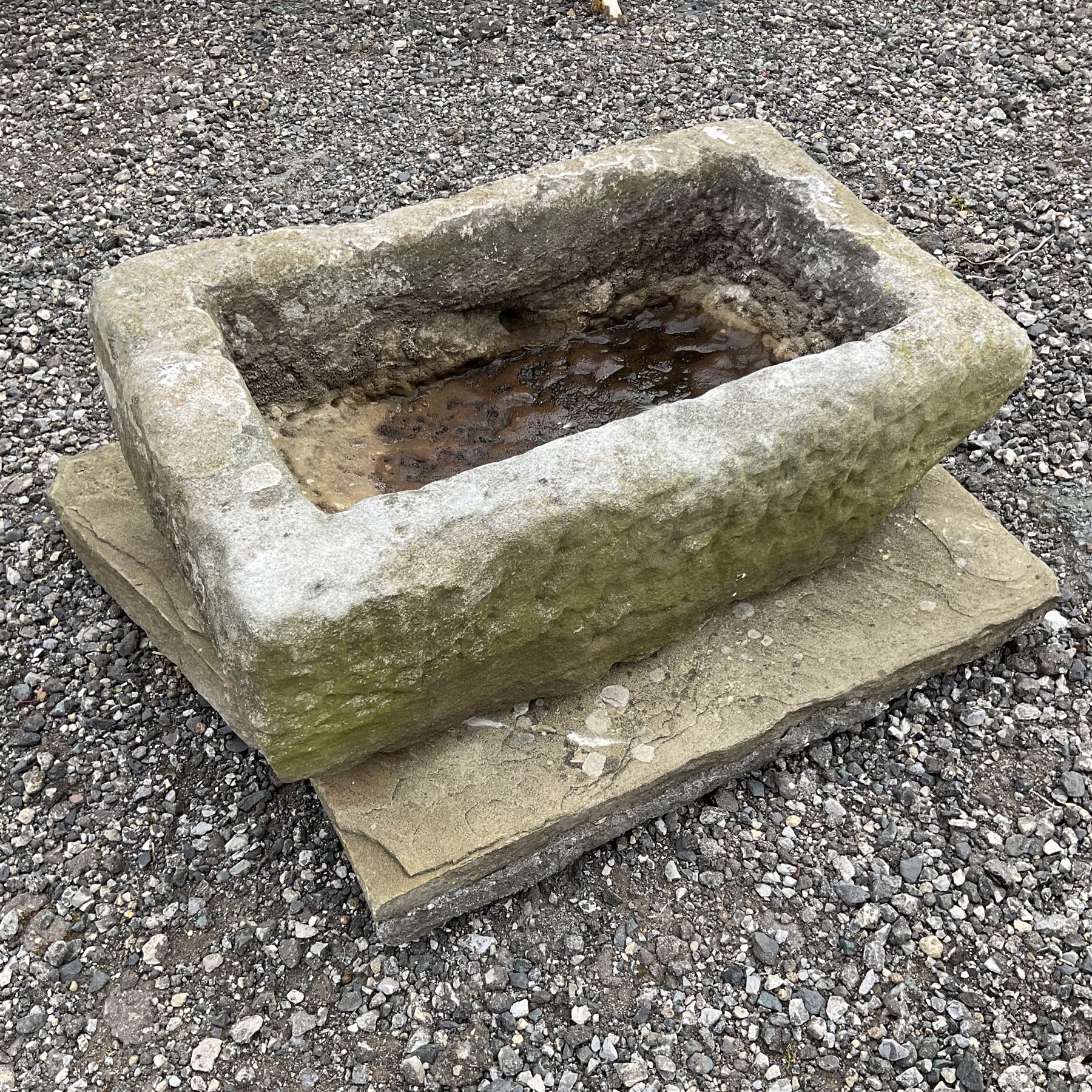 19th century small shallow carved stone trough on stone slab - THIS LOT IS TO BE COLLECTED BY APPOIN
