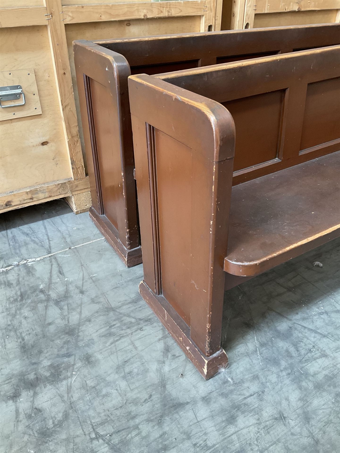 Pair of brown painted wooden church pews - THIS LOT IS TO BE COLLECTED BY APPOINTMENT FROM DUGGLEBY - Image 2 of 5