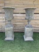 Pair of ornate Victorian style urns on plinth base