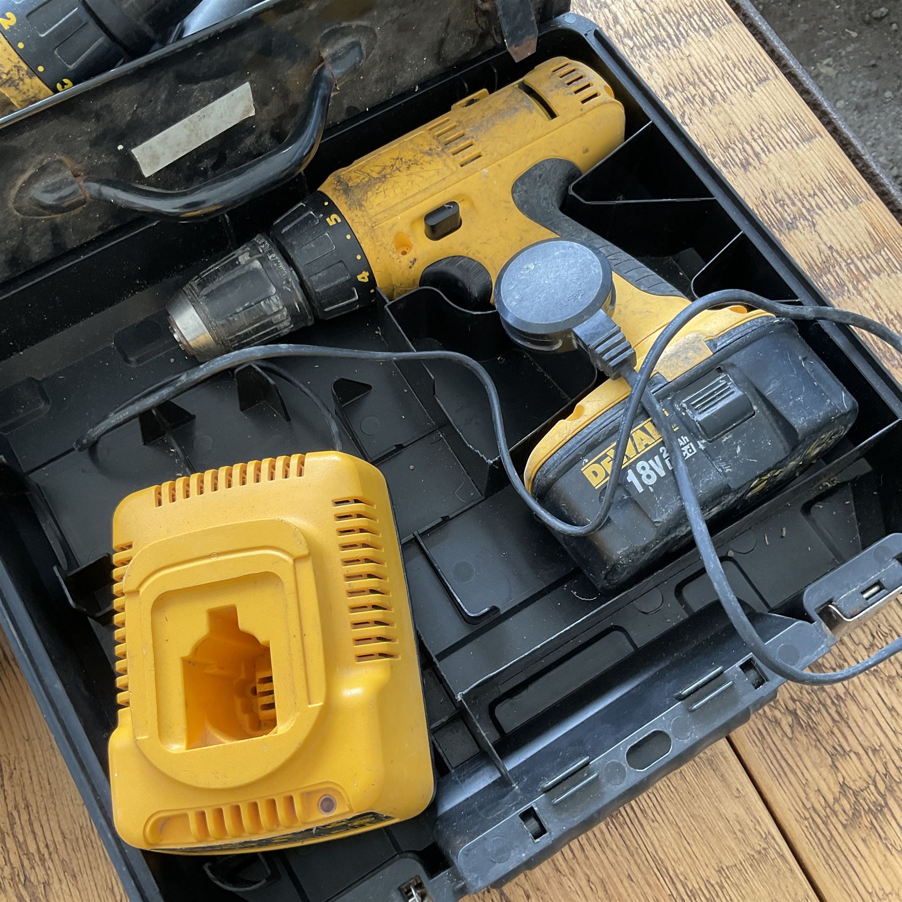 Three DeWalt battery drills with batteries and charger and black and decker corded drill - THIS LOT - Image 2 of 4