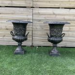 Pair of Victorian design ornate cast iron garden urn