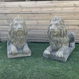 Pair of large cast stone recumbent garden lions