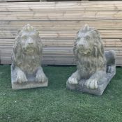 Pair of large cast stone recumbent garden lions