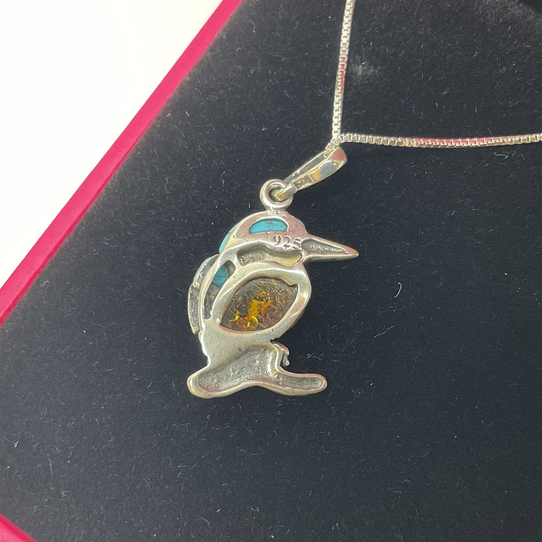 Silver Baltic Amber and Turquoise Kingfisher Pendant Necklace. Stamped 925. This sweet little sil - Image 3 of 4