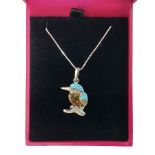 Silver Baltic Amber and Turquoise Kingfisher Pendant Necklace. Stamped 925. This sweet little sil