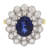 18ct gold oval cut sapphire and two row round brilliant cut diamond cluster ring