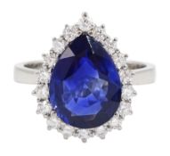 18ct white gold pear cut sapphire and round brilliant cut diamond cluster ring