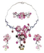 18ct white gold gemstone set floral jewellery suite