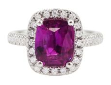 18ct white gold cushion cut pink sapphire and round brilliant cut diamond cluster ring