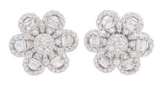Pair of 18ct white gold baguette and round brilliant cut diamond daisy flower head stud earrings