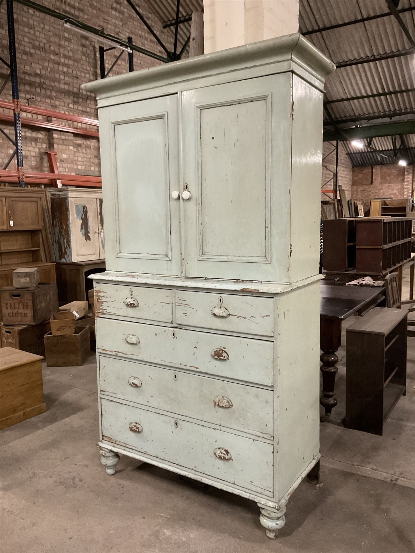 19th century pale blue painted pine housekeepers cupboard - Image 2 of 8