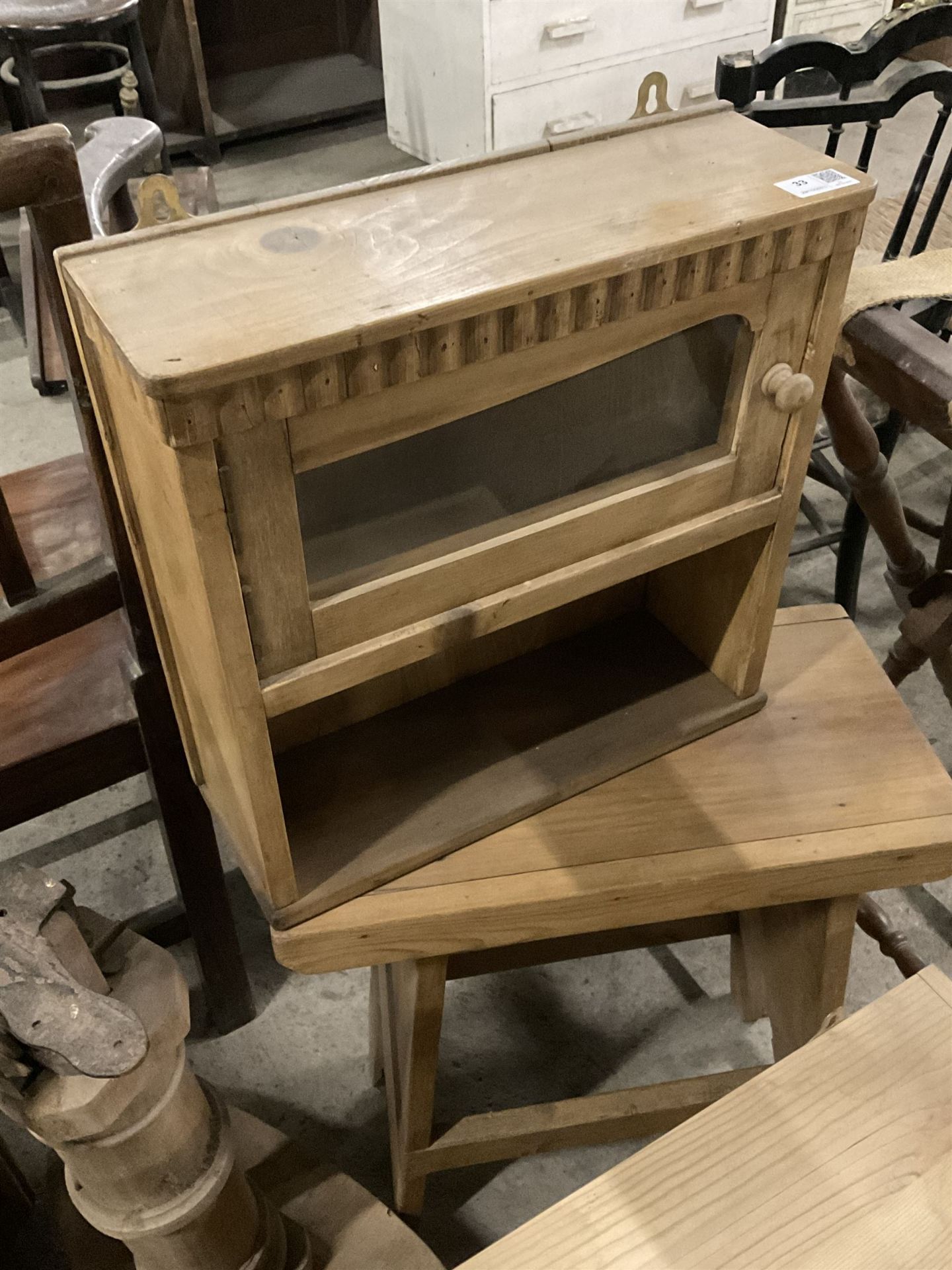 Elm stool; pair of stool bases; small elm stool; chair base; reading tray; small oak cupboard; small - Image 4 of 5