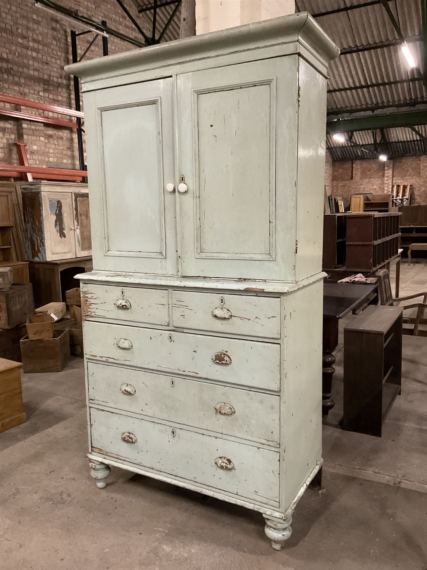 19th century pale blue painted pine housekeepers cupboard - Image 8 of 8