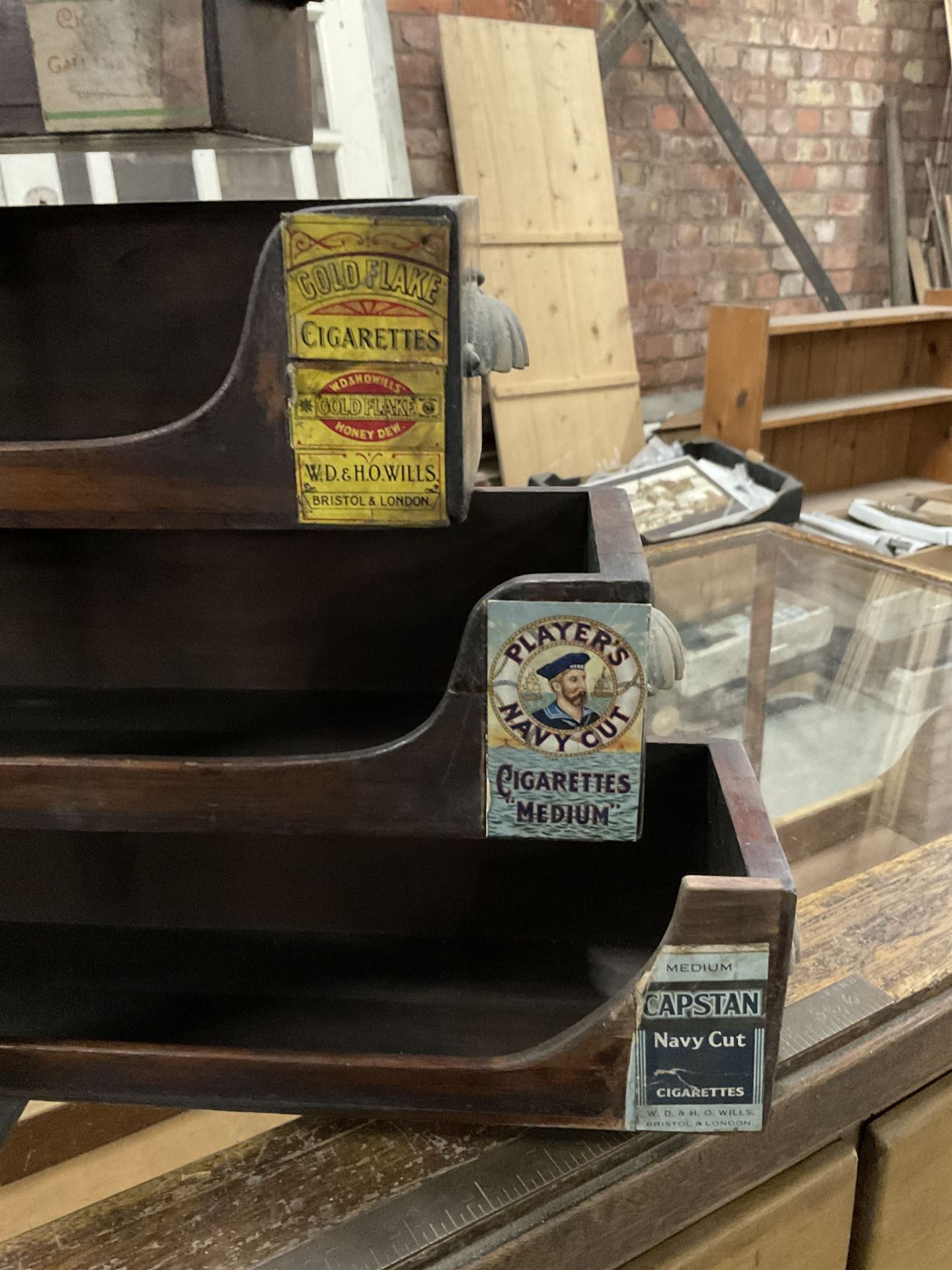 Early 20th stained pine and glazed wall mounting cigarette shop display cabinet - Image 6 of 8