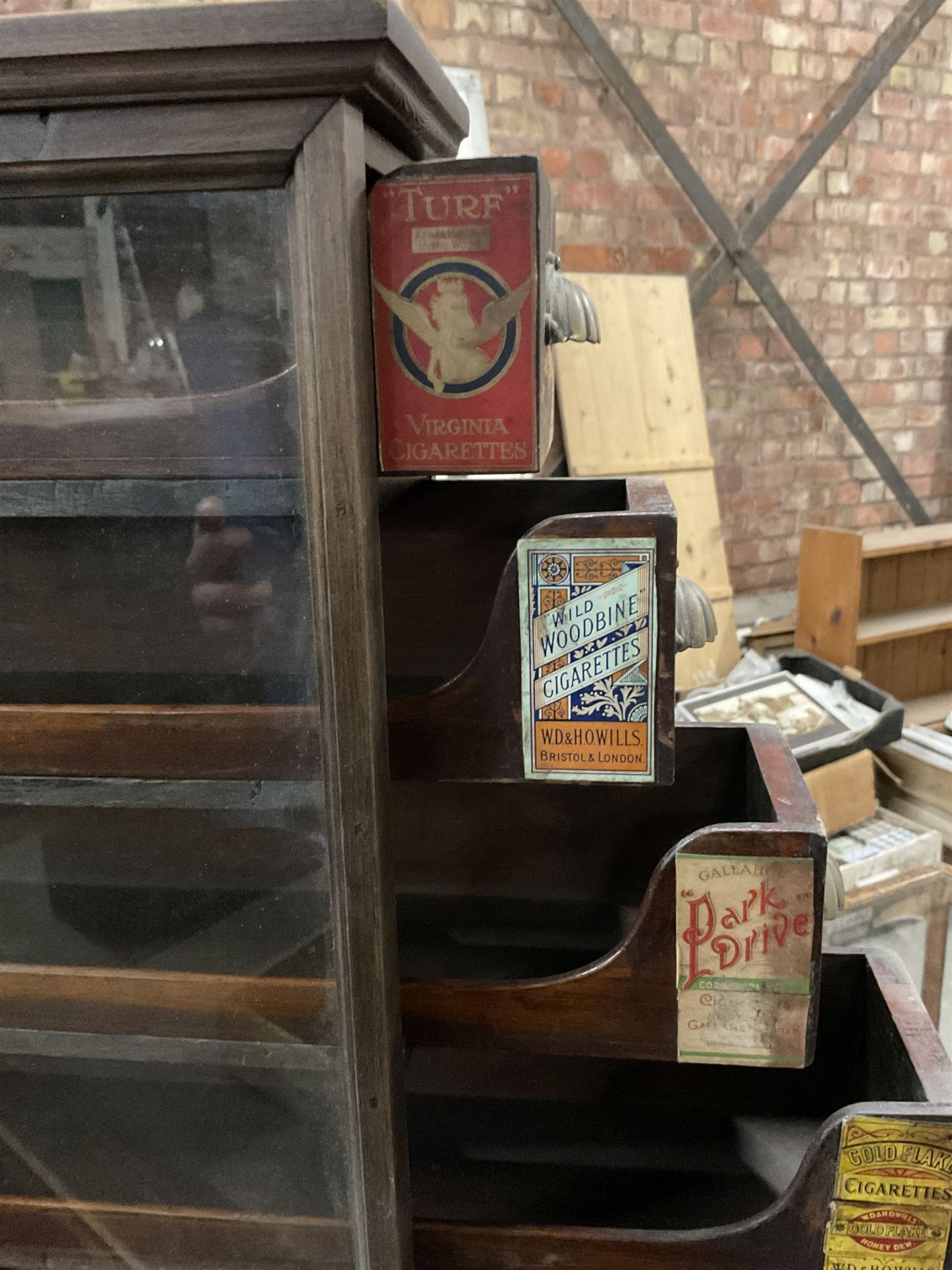 Early 20th stained pine and glazed wall mounting cigarette shop display cabinet - Image 5 of 8