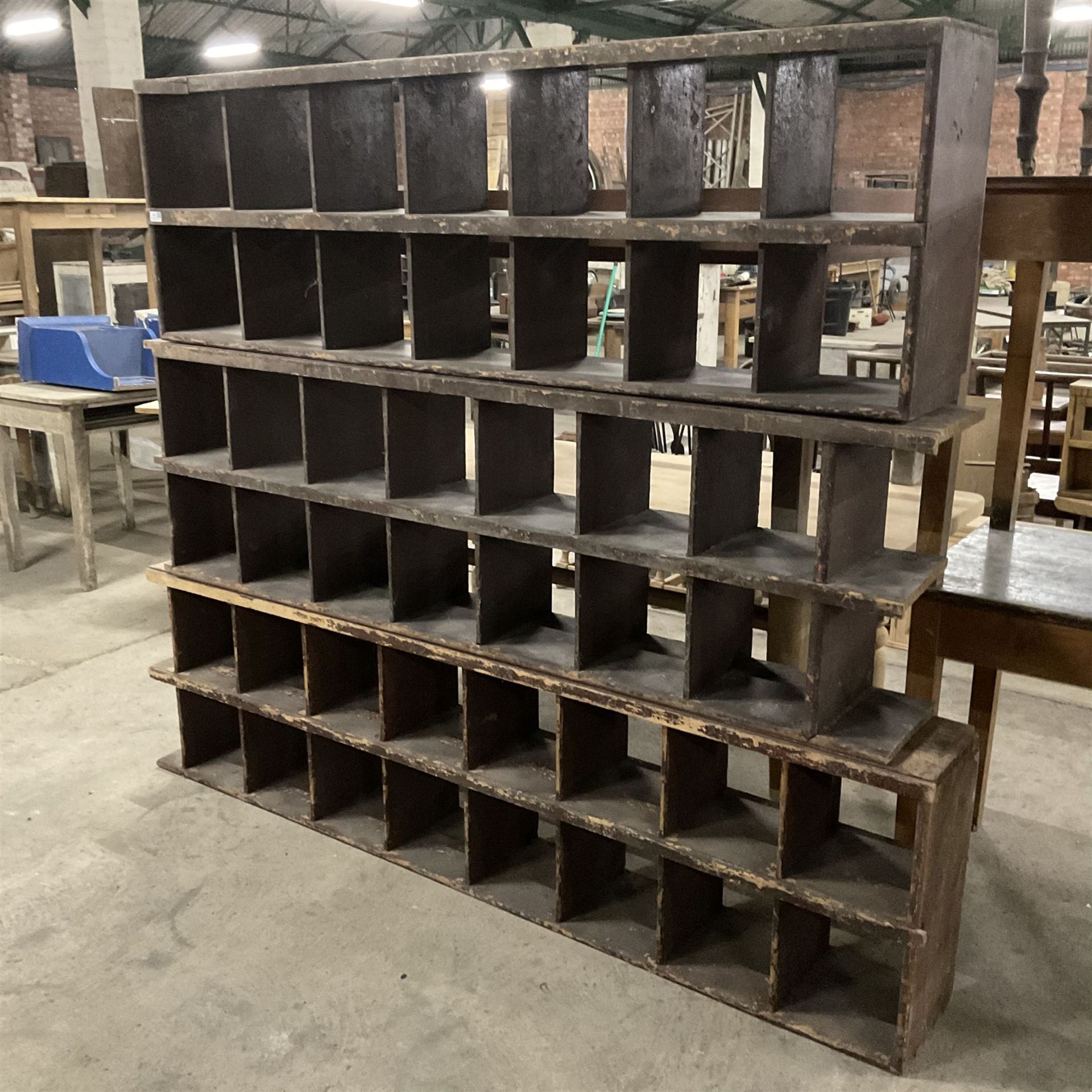 Three 19th century pine pigeon hole shelving units