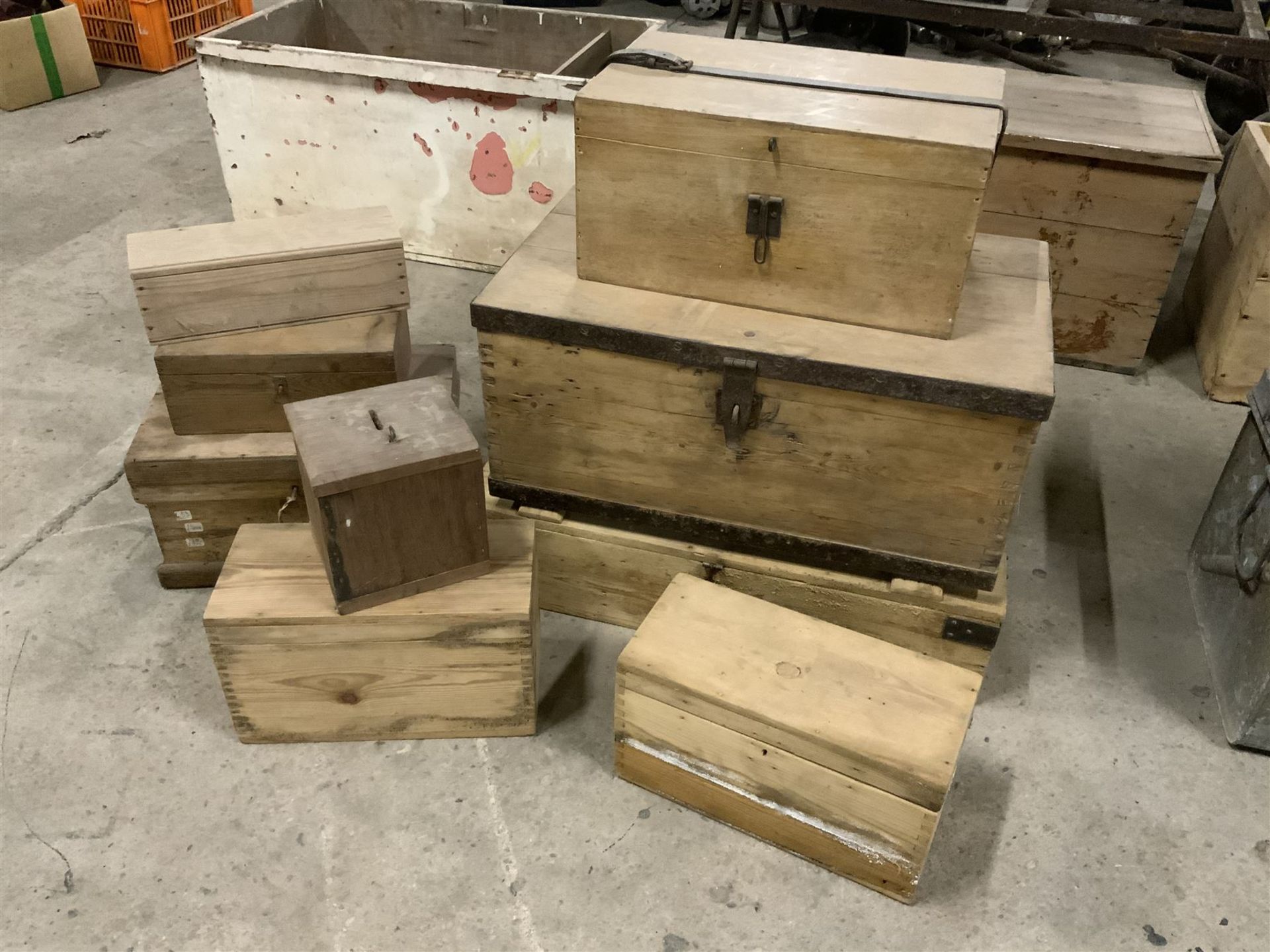 Nine 19th century and later pine boxes