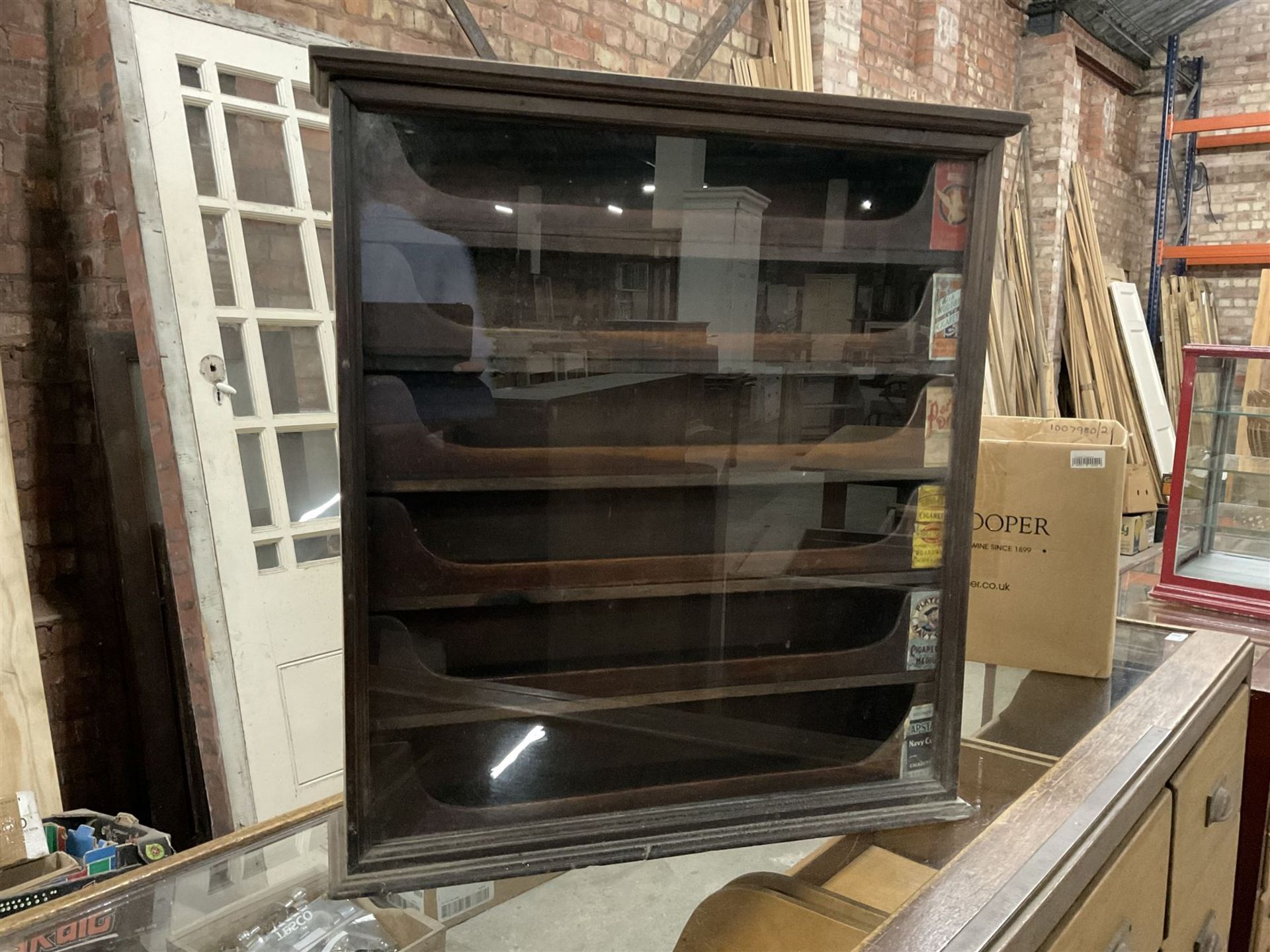 Early 20th stained pine and glazed wall mounting cigarette shop display cabinet - Image 2 of 8