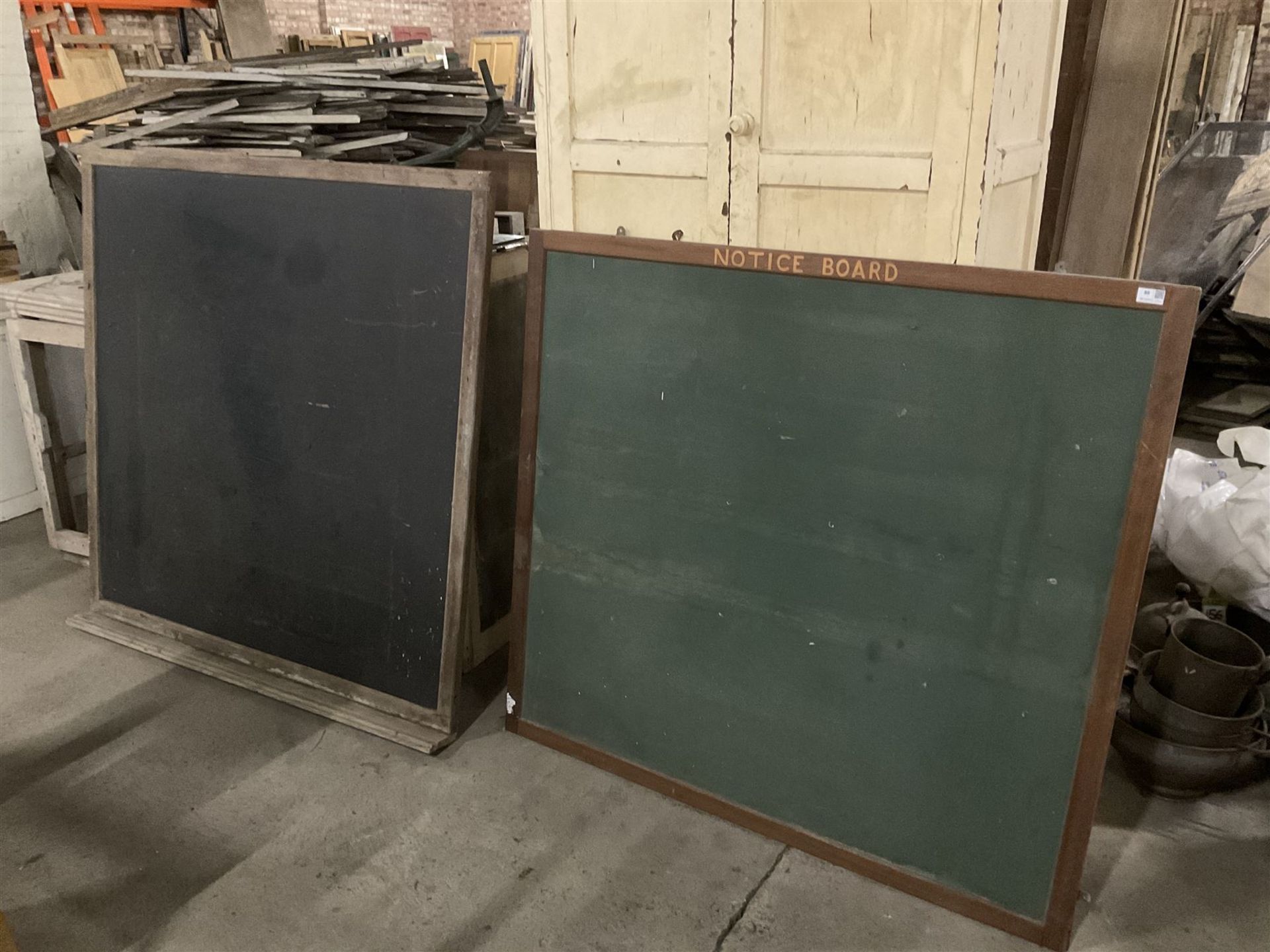 20th century mahogany framed 'Notice Board' (128cm x 119cm); and a wooden framed chalkboard (128cm x