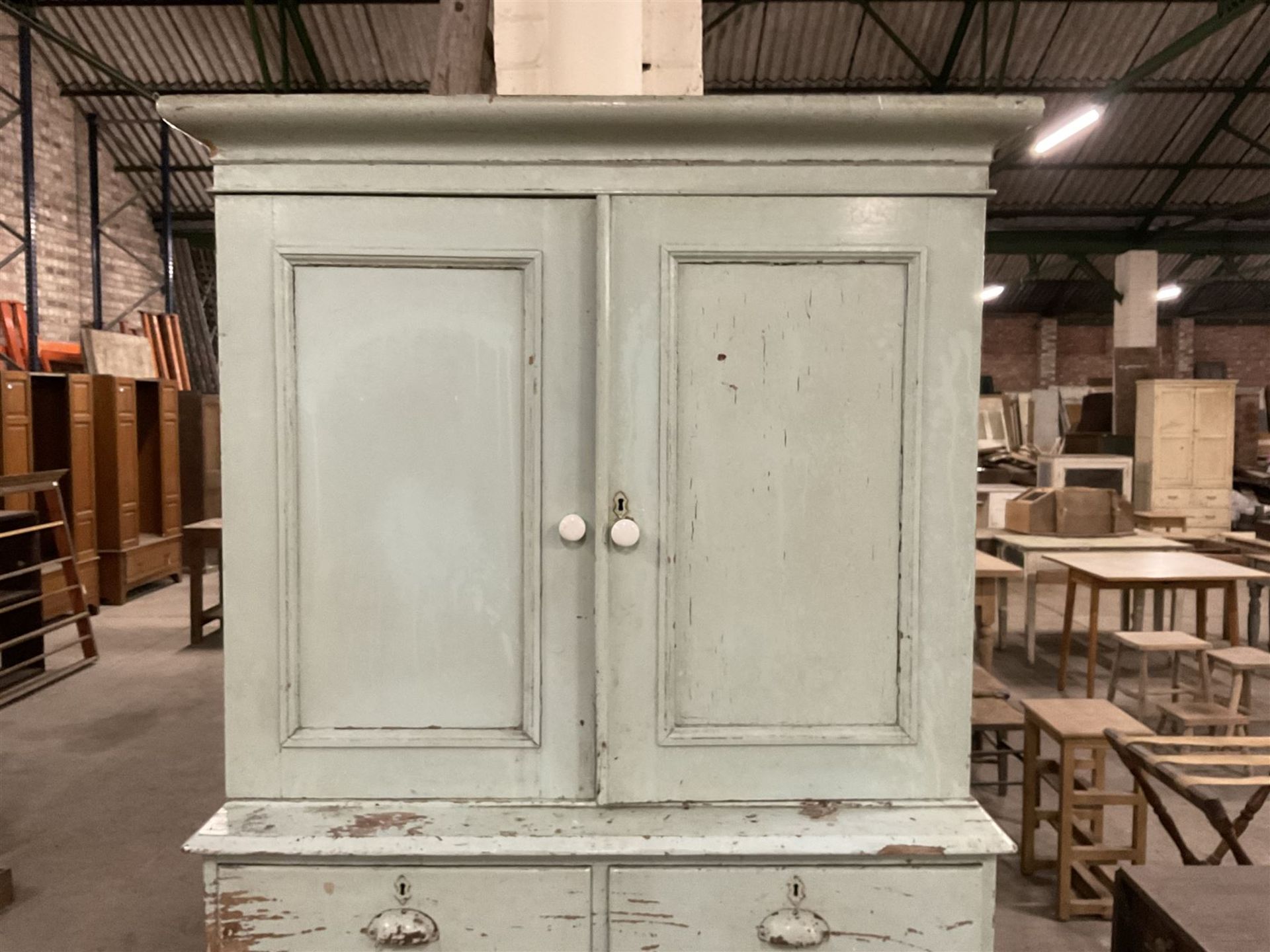 19th century pale blue painted pine housekeepers cupboard - Image 3 of 8
