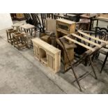 Elm stool; pair of stool bases; small elm stool; chair base; reading tray; small oak cupboard; small