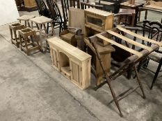Elm stool; pair of stool bases; small elm stool; chair base; reading tray; small oak cupboard; small
