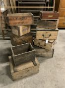 Ten vintage wooden boxes