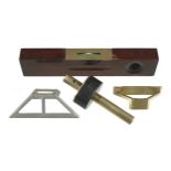 An ebony and brass mortice gauge, 12" level by RABONE and two mitre templates G+
